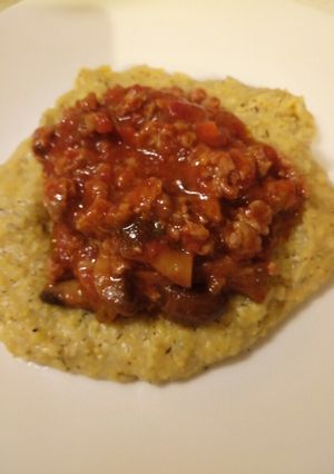 A picture of Sausage and porcini ragu with buckwheat polenta.