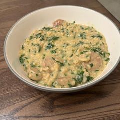 A picture of Creamy One-Pot Chicken Sausage & Spinach Rice Skillet.