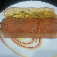 A picture of Potato stuffed Hotdog.