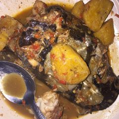A picture of Catfish peppersoup and plantain.