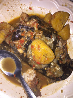 A picture of Catfish peppersoup and plantain.