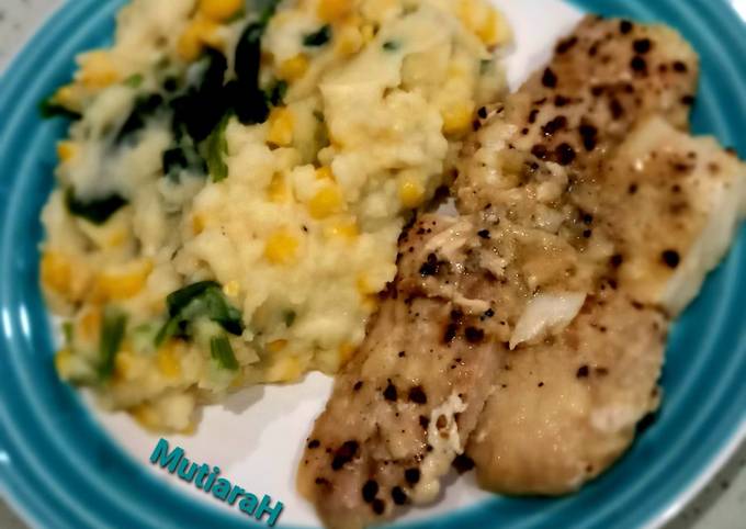 Resep Spinach & Corn Mashed Potato + Baked Fish