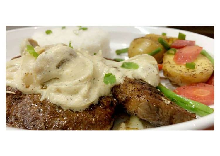 Recipe of Any-night-of-the-week Beef Steak 🥩 with Mushroom Sauce🍄🥣