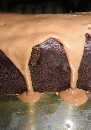 A picture of Chocolate Chip cake with Fudgy frosting.