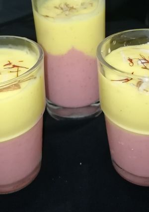 A picture of Mango,strawberry layered lassi.
