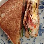 Homemade chicken shredded with ham and egg sandwich