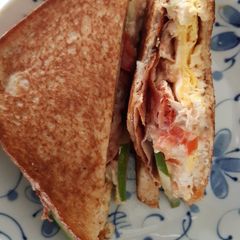 A picture of Homemade chicken shredded with ham and egg sandwich.