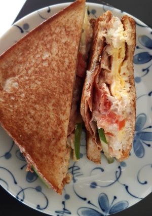 A picture of Homemade chicken shredded with ham and egg sandwich.
