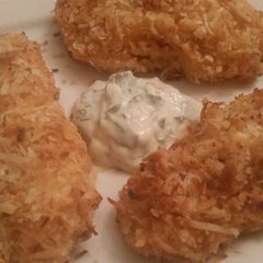 A picture of Buffalo-Coconut Tenders w/ Cucumber-Honey Yogurt Dip.