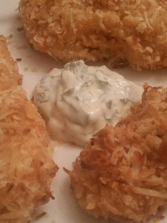A picture of Buffalo-Coconut Tenders w/ Cucumber-Honey Yogurt Dip.
