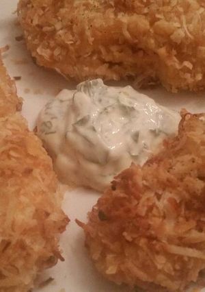 A picture of Buffalo-Coconut Tenders w/ Cucumber-Honey Yogurt Dip.