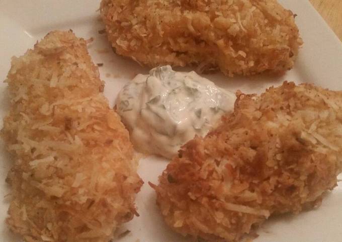 Recipe of Quick Buffalo-Coconut Tenders w/ Cucumber-Honey Yogurt Dip