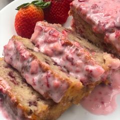 A picture of Eggless Strawberry glazed fresh strawberry bread.
