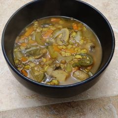A picture of WFPB Spicy Mushroom Barley and Lentil Soup.