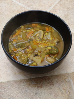 A picture of WFPB Spicy Mushroom Barley and Lentil Soup.