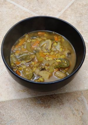 A picture of WFPB Spicy Mushroom Barley and Lentil Soup.