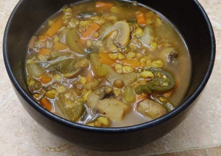 Recipe of Favorite WFPB Spicy Mushroom Barley and Lentil Soup