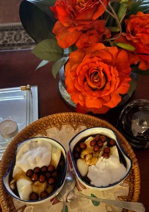 A picture of Vietnamese Silken Tofu with Brown Sugar Syrup and Tapioca Pearls.