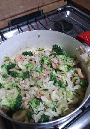 A picture of Pasta with Bacon and Broccoli.