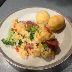 A picture of One pot sausage, veggies and rice.