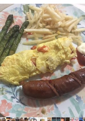 A picture of Mushroom omelet,asparagus and sausage.