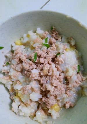 Hình của món Cơm khoai lang-đậu gà- sốt thịt băm hành lá.