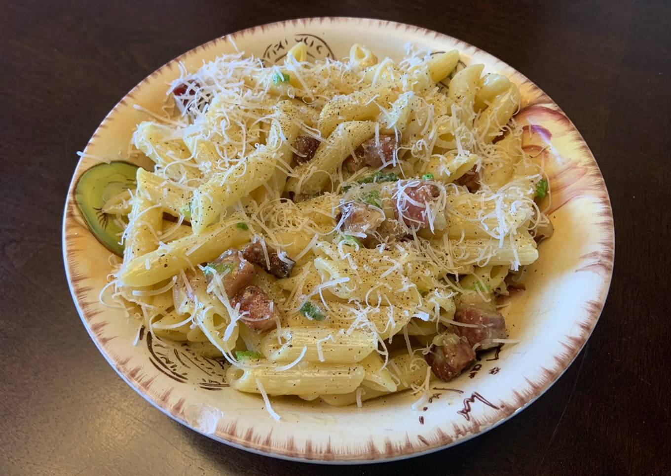 Penne carbonara au flanc de porc fumé