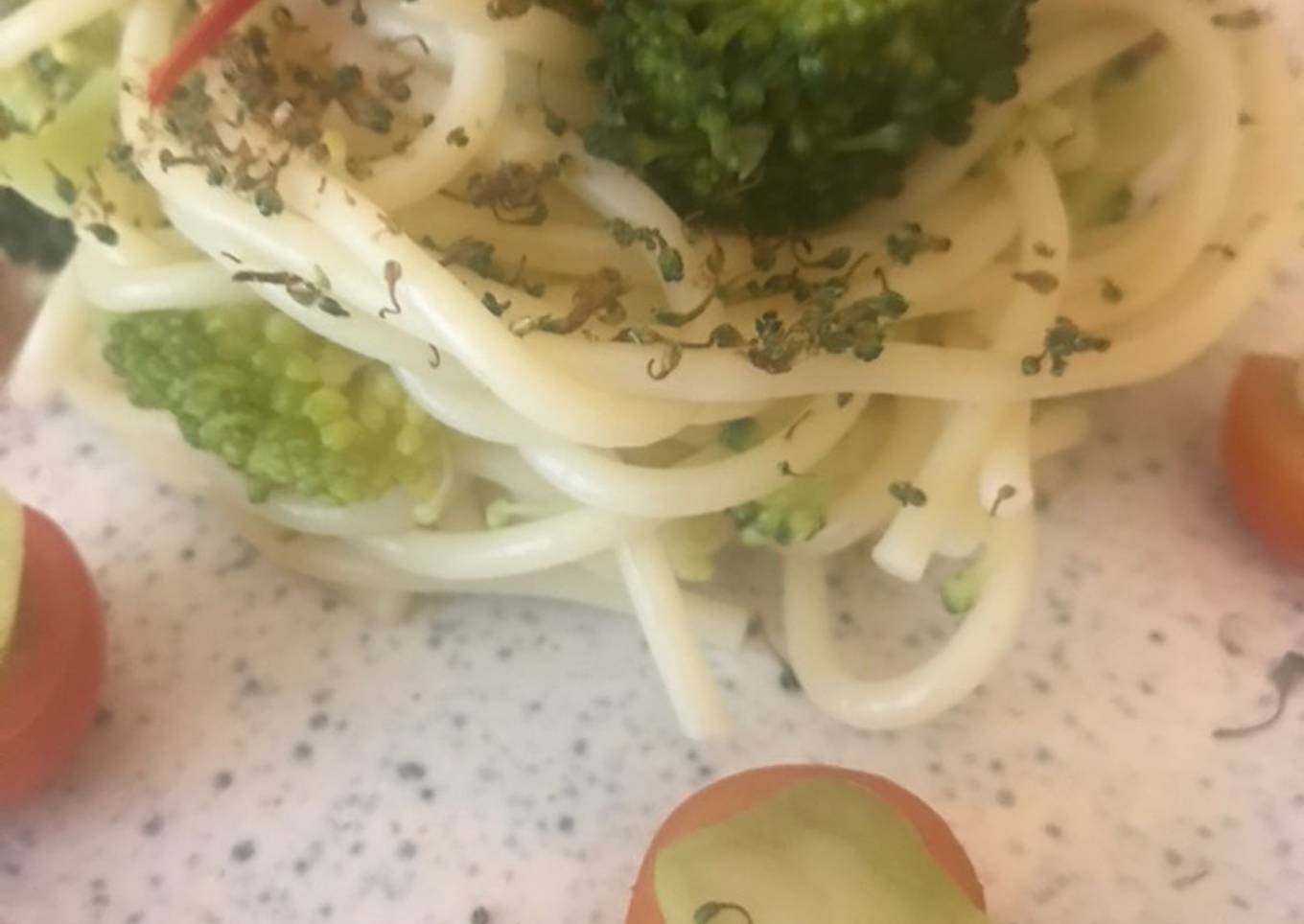 Broccoli & Spaghetti with pickled broccoli stem and broccoli dust.<br />#Mysterybag2