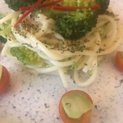 A picture of Broccoli & Spaghetti with pickled broccoli stem and broccoli dust.#Mysterybag2.