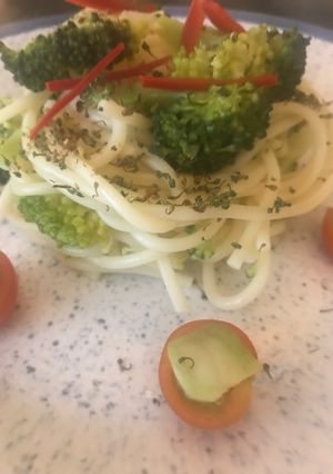 A picture of Broccoli & Spaghetti with pickled broccoli stem and broccoli dust.#Mysterybag2.