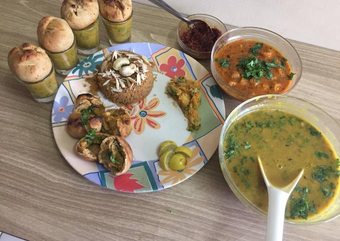 Dal bati with gatte ki sabzi, churma, lasan ki chutney aur dal