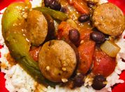 A picture of black beans and chorizo