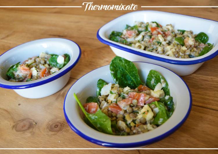 Ensalada de lentejas, espinacas y bacalao con Thermomix