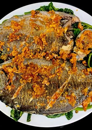 Hình của món Cá dìa hấp mùng tơi.