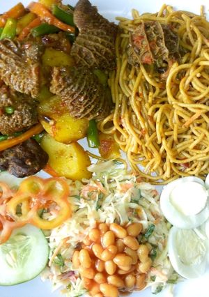 A picture of Pasta/potatoes with offals.