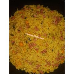 A picture of Fried Rice with Sausages.