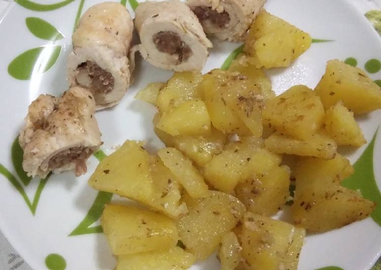 Involtini di pollo e salsiccia con patate in padella