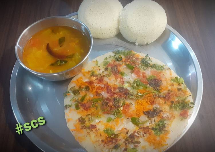 Easiest Way to Prepare Perfect Oats Semolina Uttapam with idli and Sambhar