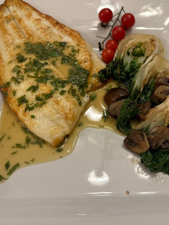 A picture of Pan Fried Fish with Basil Lemon Sauce.