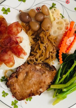 Hình của món Cơm sườn bì bằng nồi chiên không dầu.