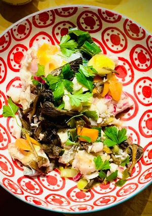 A picture of Sea Bass and Cod with Chanterelles.