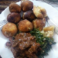 A picture of Potato croquet and beef stew.