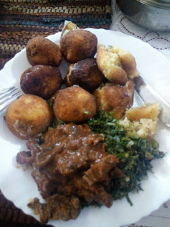 A picture of Potato croquet and beef stew.