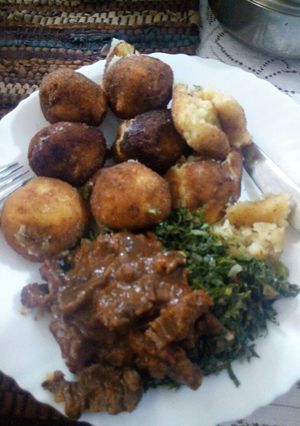 A picture of Potato croquet and beef stew.