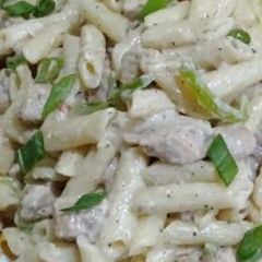 A picture of White sause pasta.