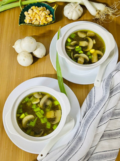 A picture of Tom Yum Soup with Mushrooms and Sweet Corn.