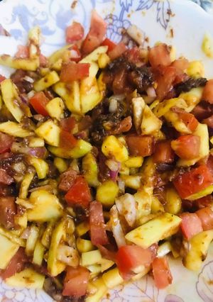 A picture of Ensaladang mangga (green manggo salad with shrimp paste) a Filipino recipe.