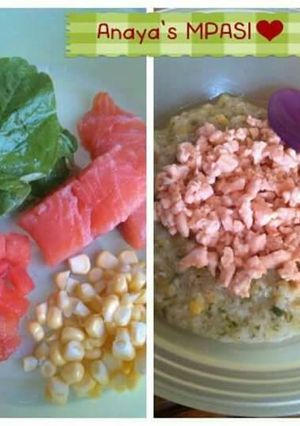 Foto resep Bubur Duo Karbo dan Sayuran tabur Salmon (MPASI 9m+)