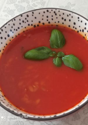 Bazsalikomos paradicsom leves, pirított risini tésztával recept fotója
