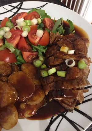 A picture of Seared duck breasts in honey, soy and ginger.